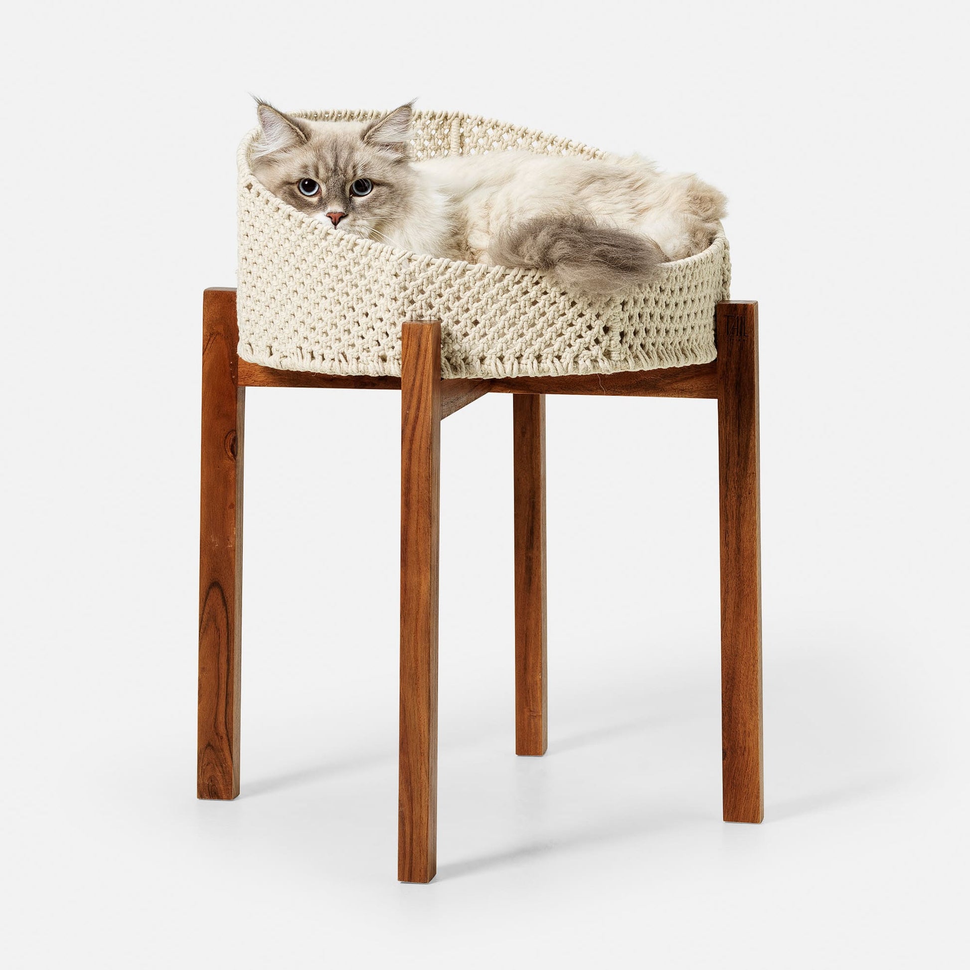 Image - Cat bed on wood legs with a white  crochet bed with cat laying in it