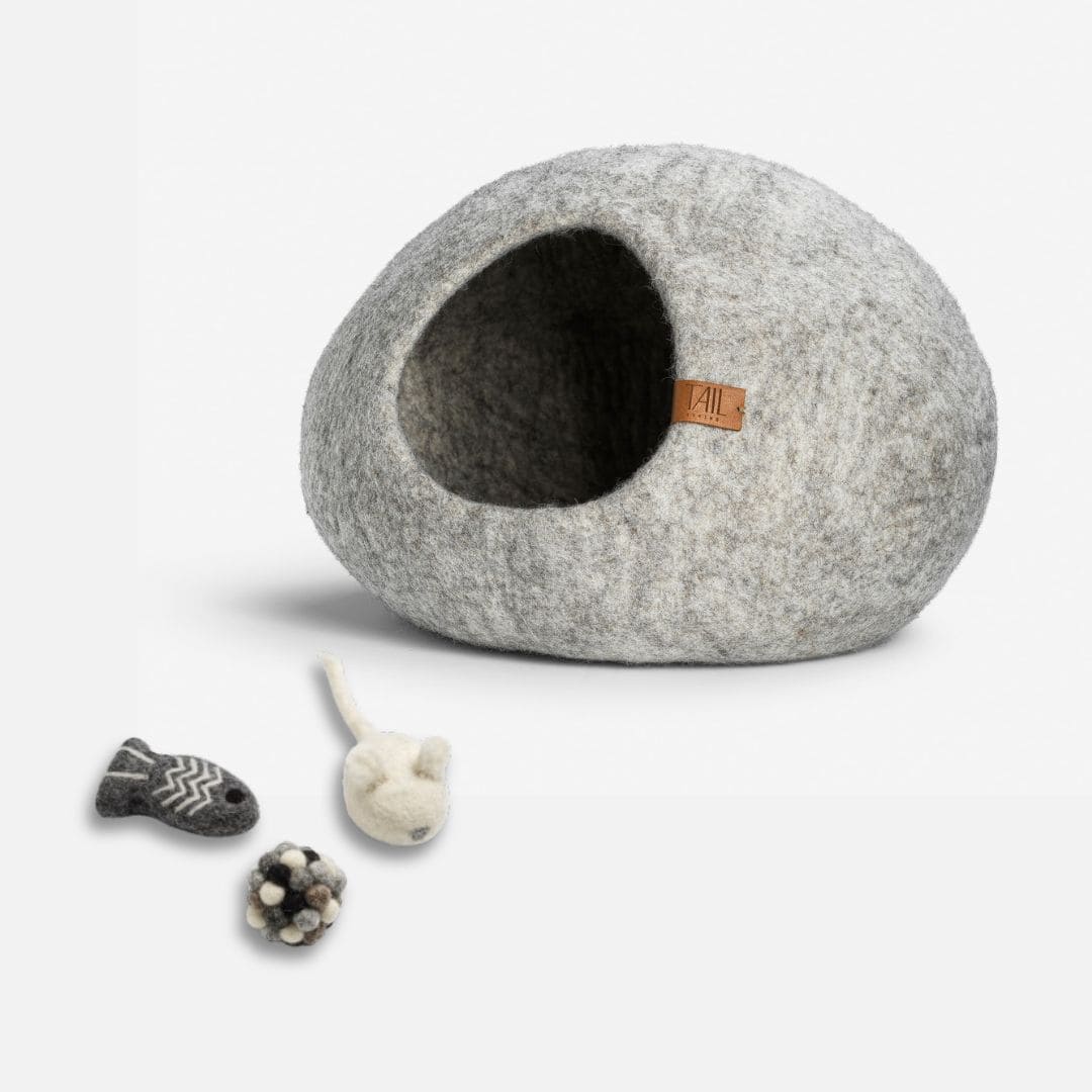 Image - cassius cat bed in greige and milton cat toys in dark grey