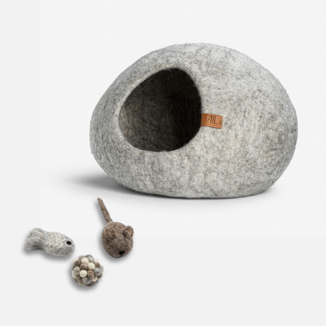 Image - cassius cat bed in greige and milton cat toys in taupe