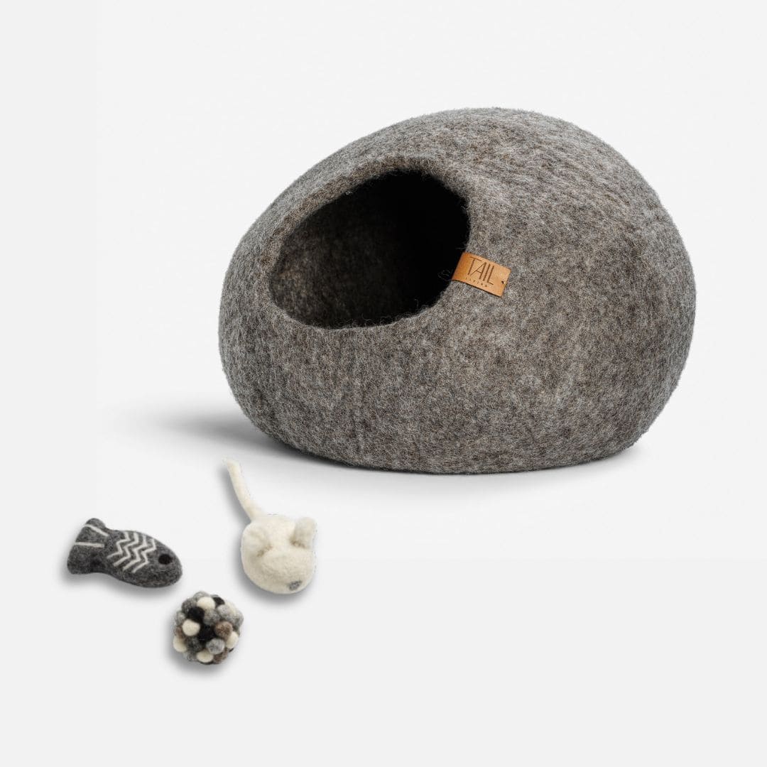 Image - cassius cat bed in taupe and milton cat toys in dark grey