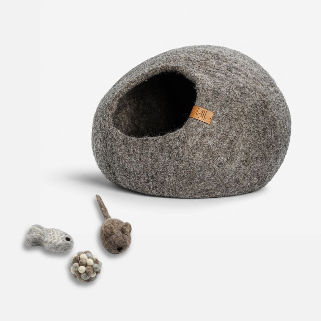 Image - cassius cat bed in taupe and milton cat toys in taupe