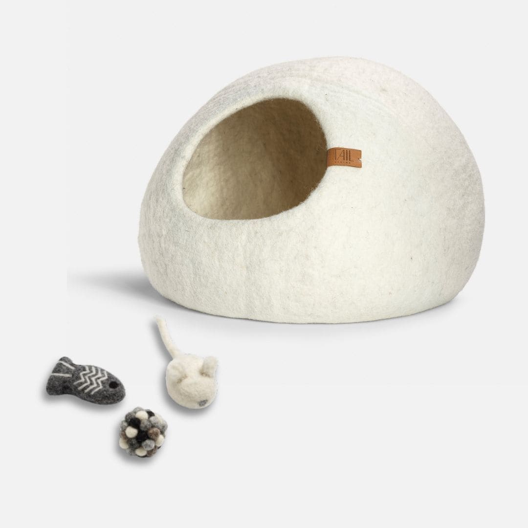 Image - cassius cat bed in white and milton cat toys in dark grey