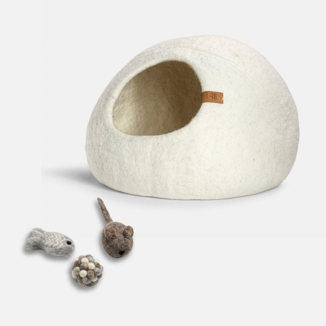 Image - cassius cat bed in white and milton cat toys in taupe