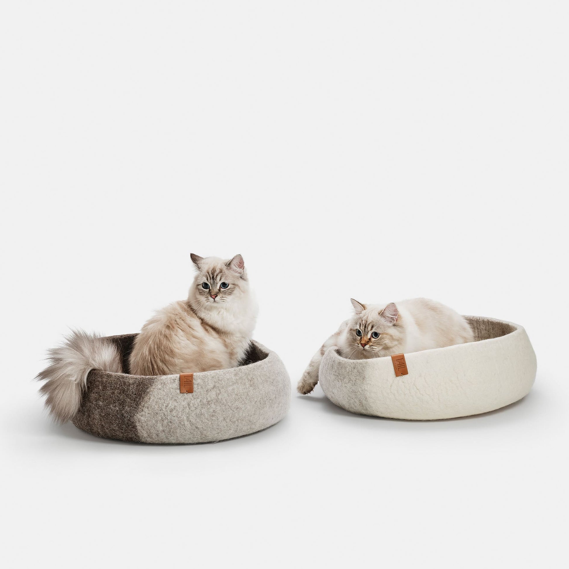 Image - Two misty cat beds in taupe and greige with two white cats in them.