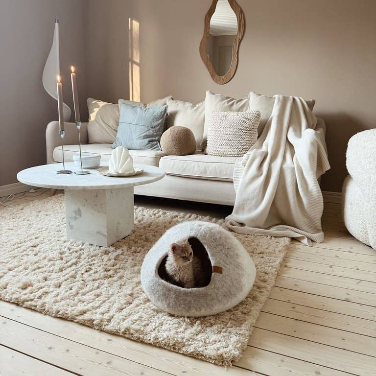 Image - Furry cat sitting in Graded Cassius Cat Bed on the floor in the living room.