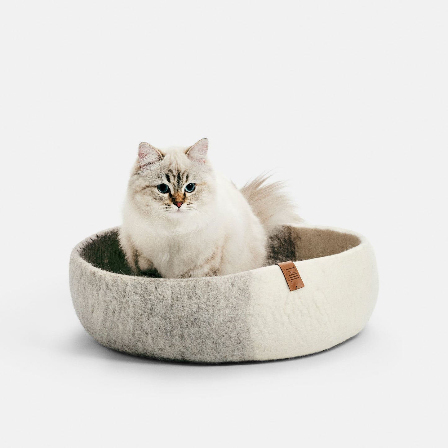 Image - greige misty cat bed with cat sitting in it