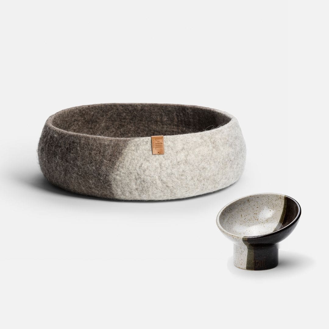 Image - misty cat bed in taupe and nova cat bowl in taupe