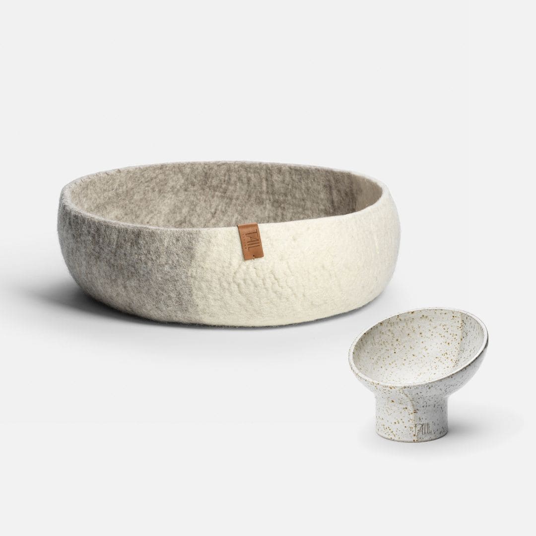 Image - misty cat bed in greige and nova cat bowl in white