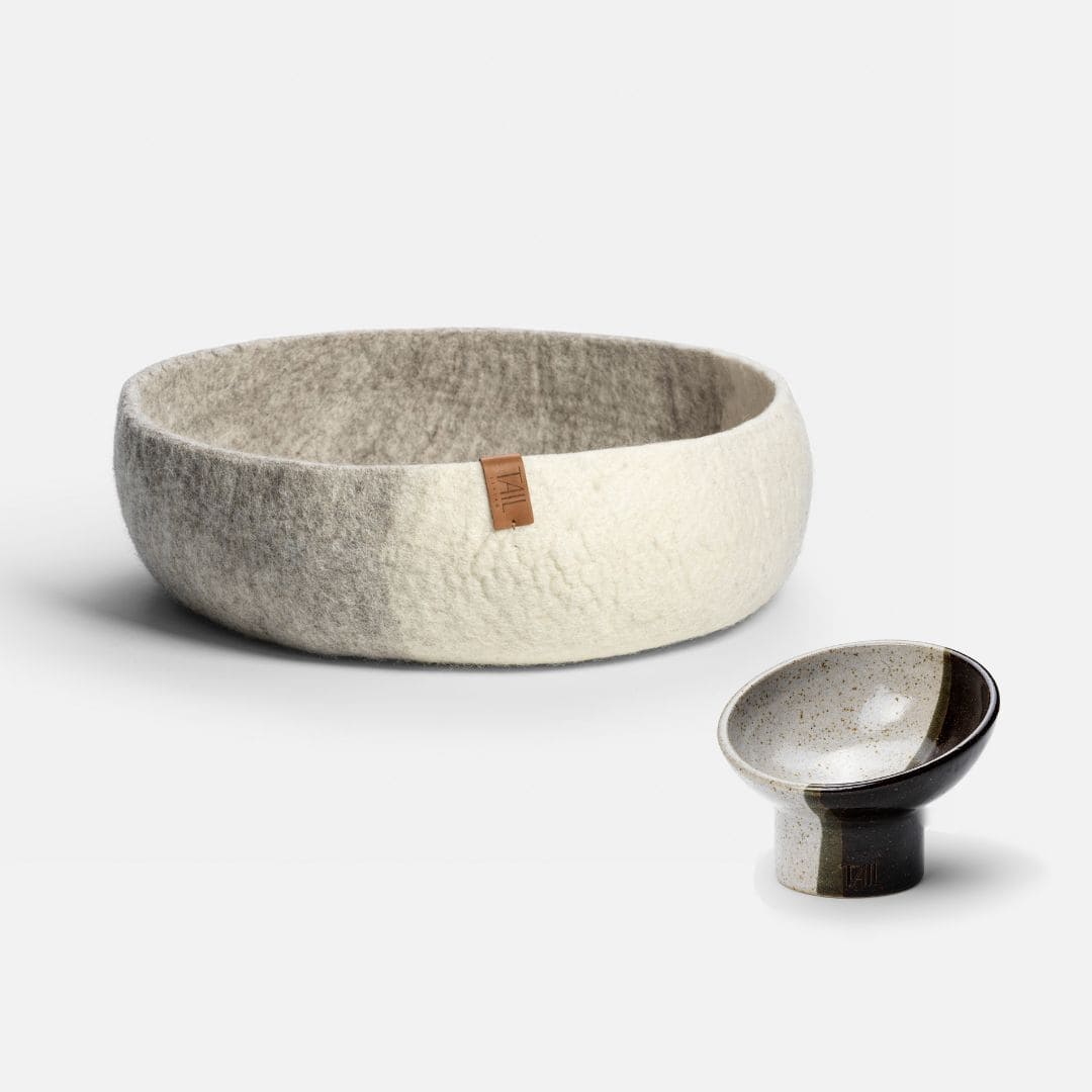 Image - misty cat bed in greige and nova cat bowl in taupe