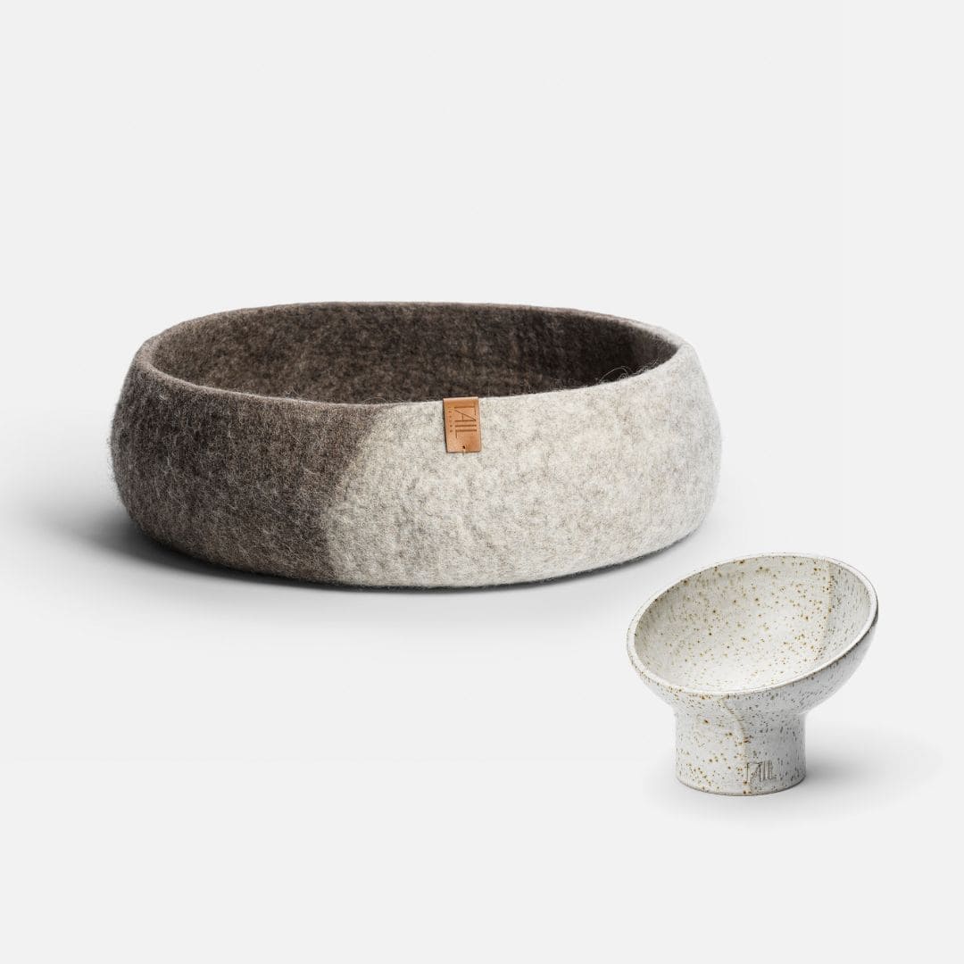 Image - misty cat bed in taupe and nova cat bowl in white