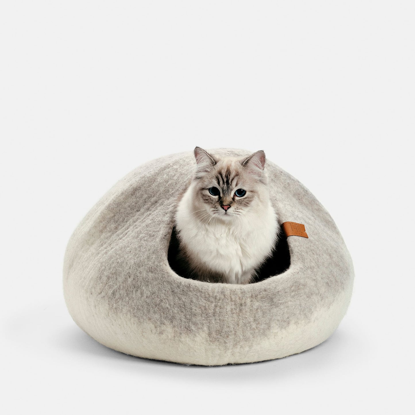 Image - white graded cat bed in greige and white color with cat inside