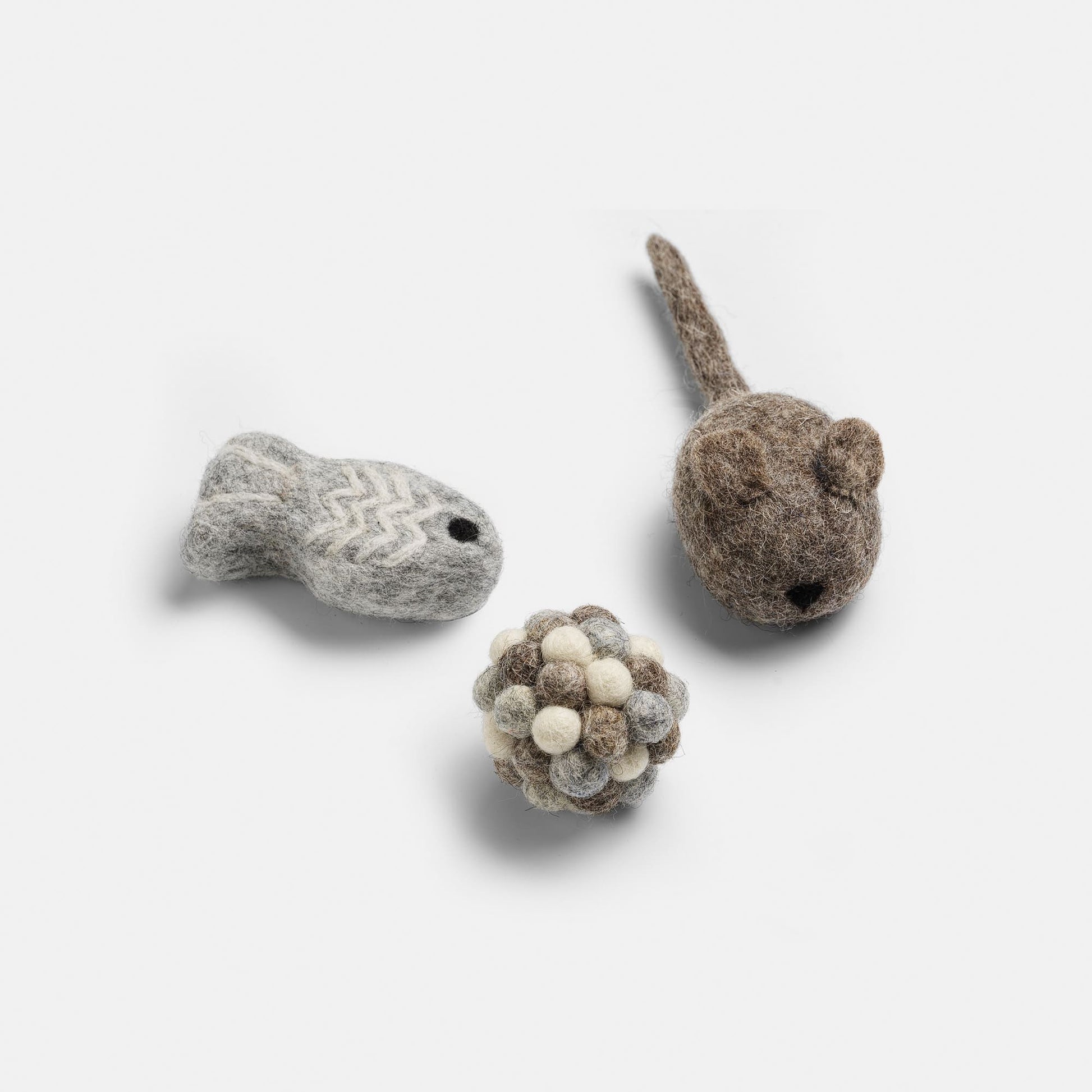 Image - three cat toys in fish ball mouse shape in taupe colour